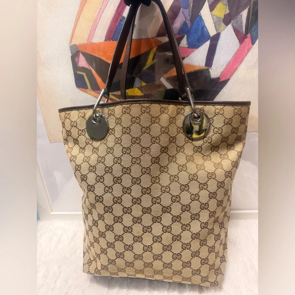 GUCCI-120836 002058 Beige Monogram Canvas Tote with Brown Leather Handle - Picture 1 of 14